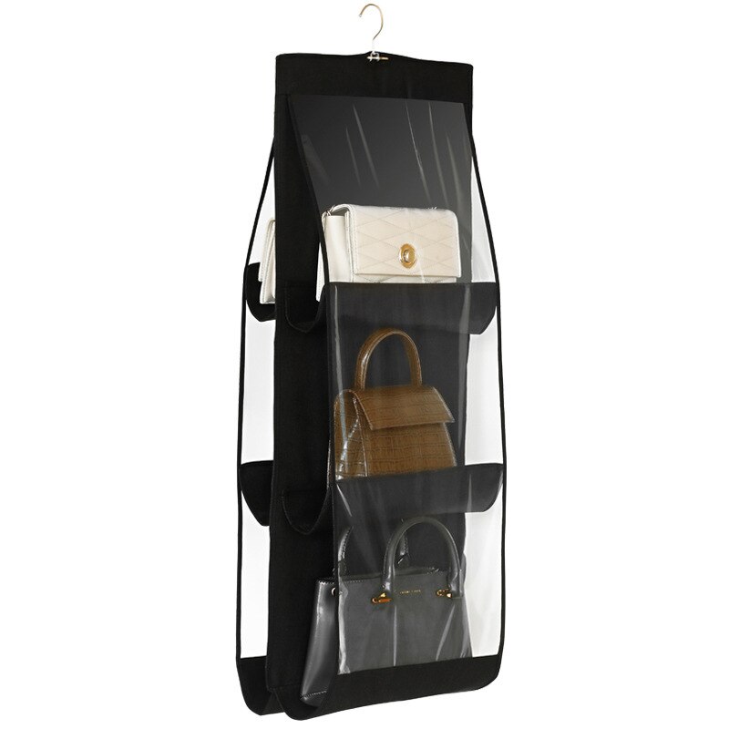 6 Pocket Folding Opknoping Handtas Opslag Houder Organizer Rack Firm Slaapkamer Haak Hanger: Black