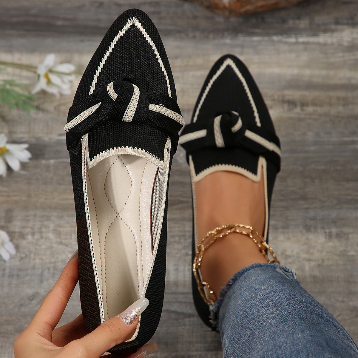 Mocasines ligeros y cómodos para mujer, bailarinas con pajarita, puntiagudas, suaves, descalzos, de punto, Multicolor, informal, bailarina: Negro / 43