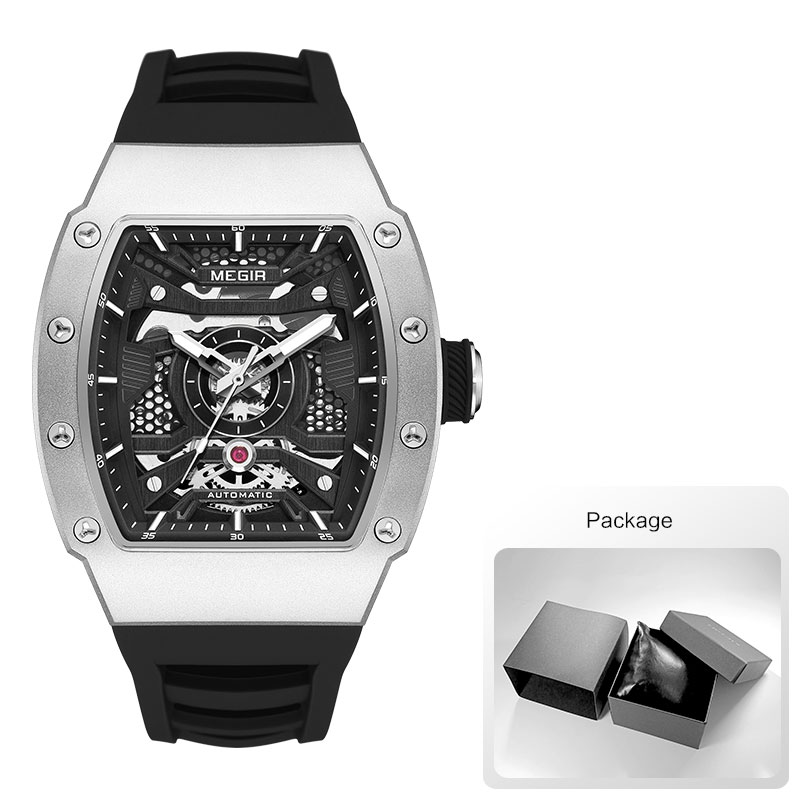 Reloj mecánico automático MEGIR para hombre con caja de acero inoxidable, correa de silicona, reloj de pulsera luminoso resistente al agua a la 8604: Plata