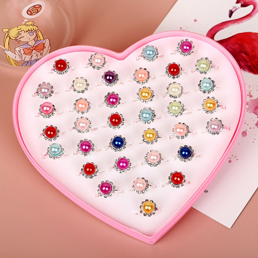 Mixed 36pcs Kids Cartoon Assorted Flower Animals Crystal Alloy Adjustable Children Ring Girl Birthday Party