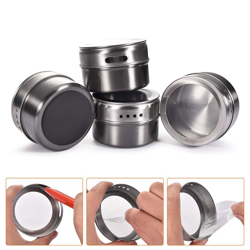 6/9/12 Pieces Magnetic Spice Jars Stainless Steel Salt Tins Pepper Shakers Spice Jar Rack Organizers Container With Base Labels