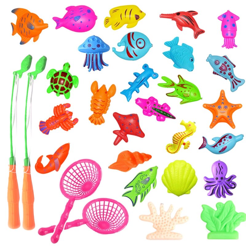 Juego de juguetes de peces con piscina inflable para niños, juguete de pesca magnético, Red de caña para niños, modelo para jugar, pesca, juegos al aire libre