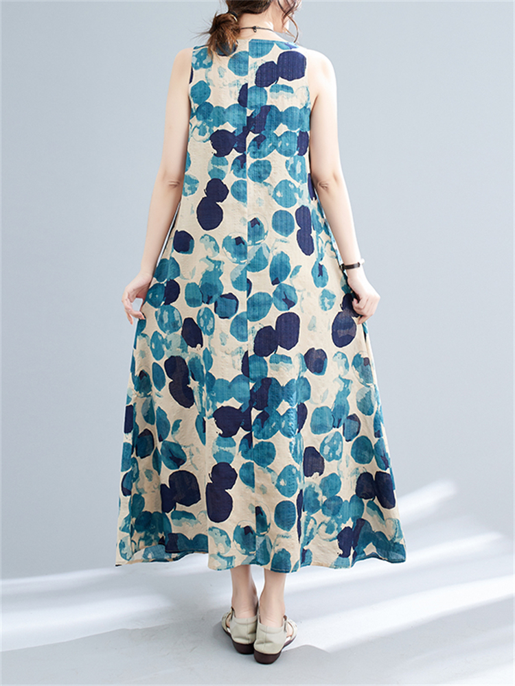 Ærmeløse bomulds polkaprikkede vintage kjoler til kvinder sommer afslappet lang kjole femme kåbe vestidos tøj