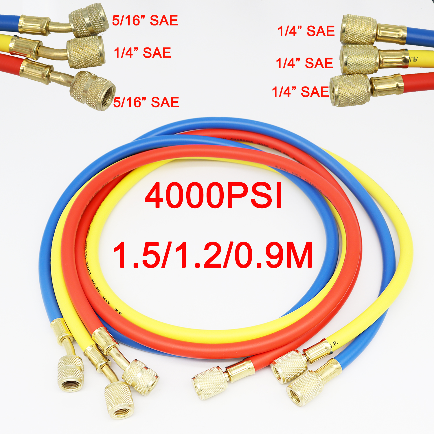 R410a st kylmedelsslangar för ac, 3 färger, 1/4 " sae, -5/16 sae-gänga, 800-4000 psi arbetstryck, passar för  r134a vvs-system