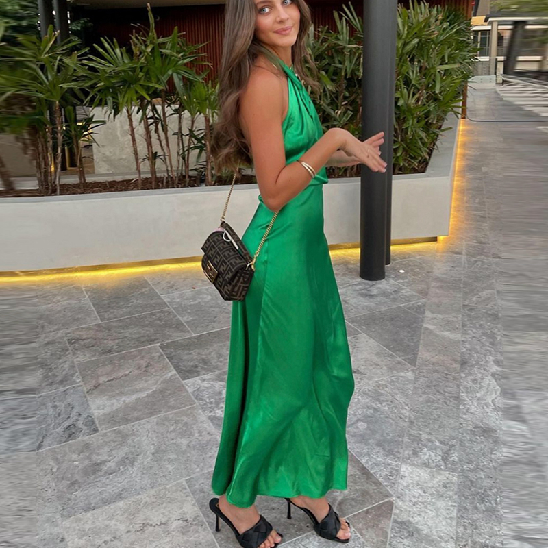 Satin Maxi Dresses For Women Birthday Party Sexy Chest Wrap Backless Bandage Halter Long Dress Club Evening Robe Summer: S / green