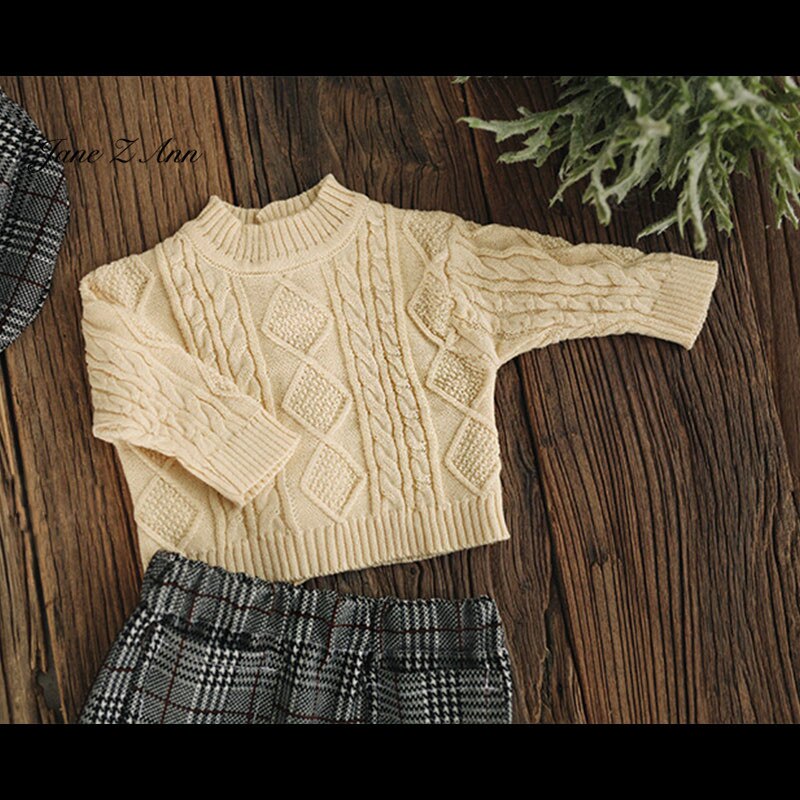 Jane Z Ann Newborn baby photo props handmade Vintage twist sweater+plaid pants +hat baby 3pcs gentlemen set baby shower