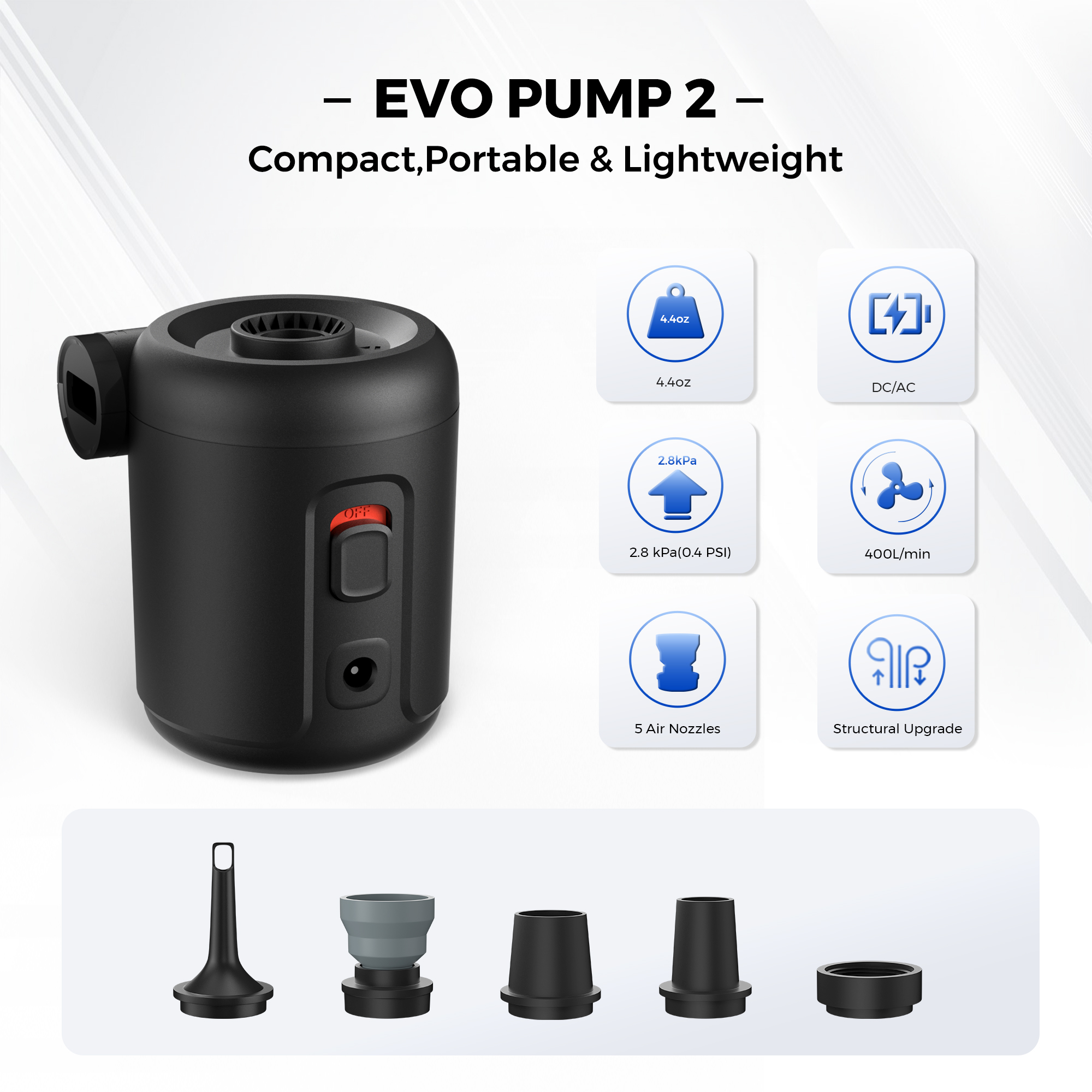 FLEXTAILGEAR Elektryczna pompa powietrza z akumulatorem EVO Pump 2 do nafukania/zwiotczenia - materac dmuchany, pływaki basenowe i karimaty