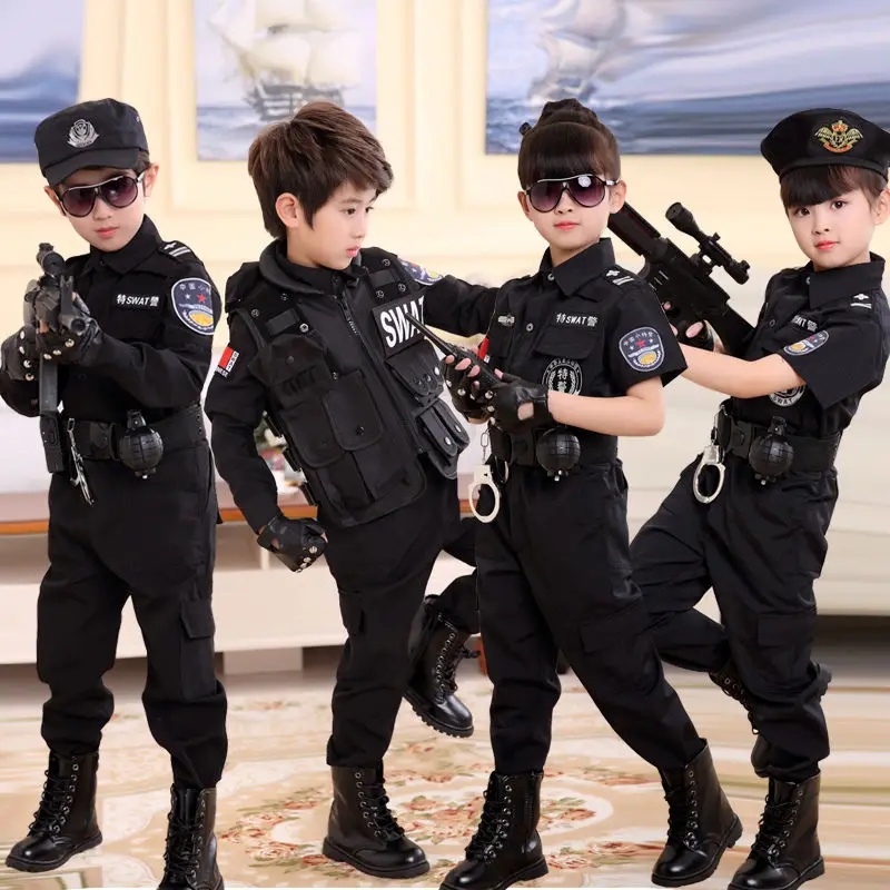 Costumes de policier du SWAT pour enfants, uniforme de police de carnaval pour enfants, armée, policier, soldat, Halloween, 110-160cm, 7 pièces, ensembles