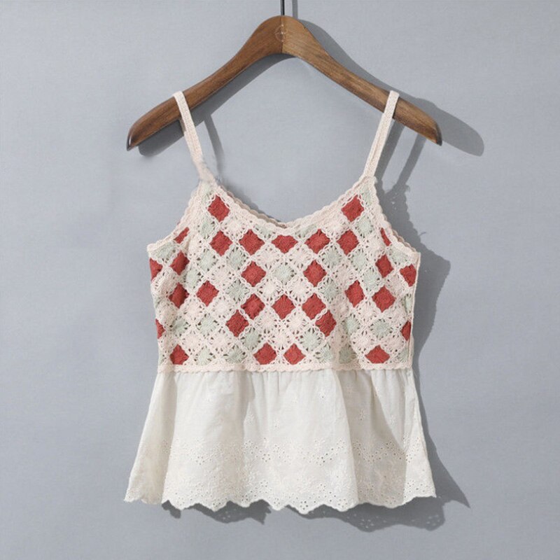 Patchwork cropped top dametøj strikket hul camisole kvindetøj rygløse blondetoppe dame tank-top sommer: Style-b rød