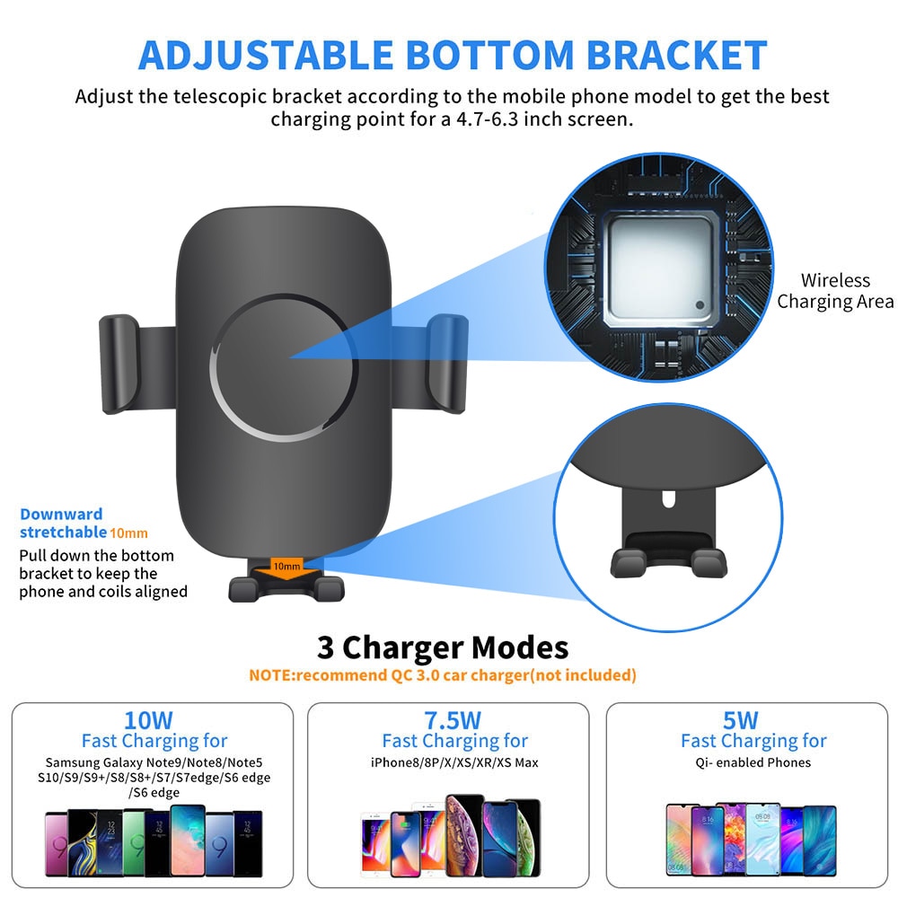 FDGAO Wireless Car Charger 10W Qi Fast Charging Phone Holder in Car Mount for iPhone 11 Pro XS MAX XR X Samsung S10+ S9+ Note 10