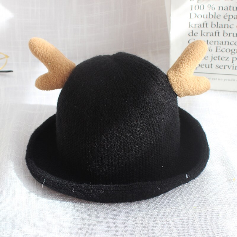 Sombrero Fedora con estampado de dibujos animados para niños y niñas, gorra flexible de 1 a 3 años con estampado de cornamusas, para Otoño e Invierno: black