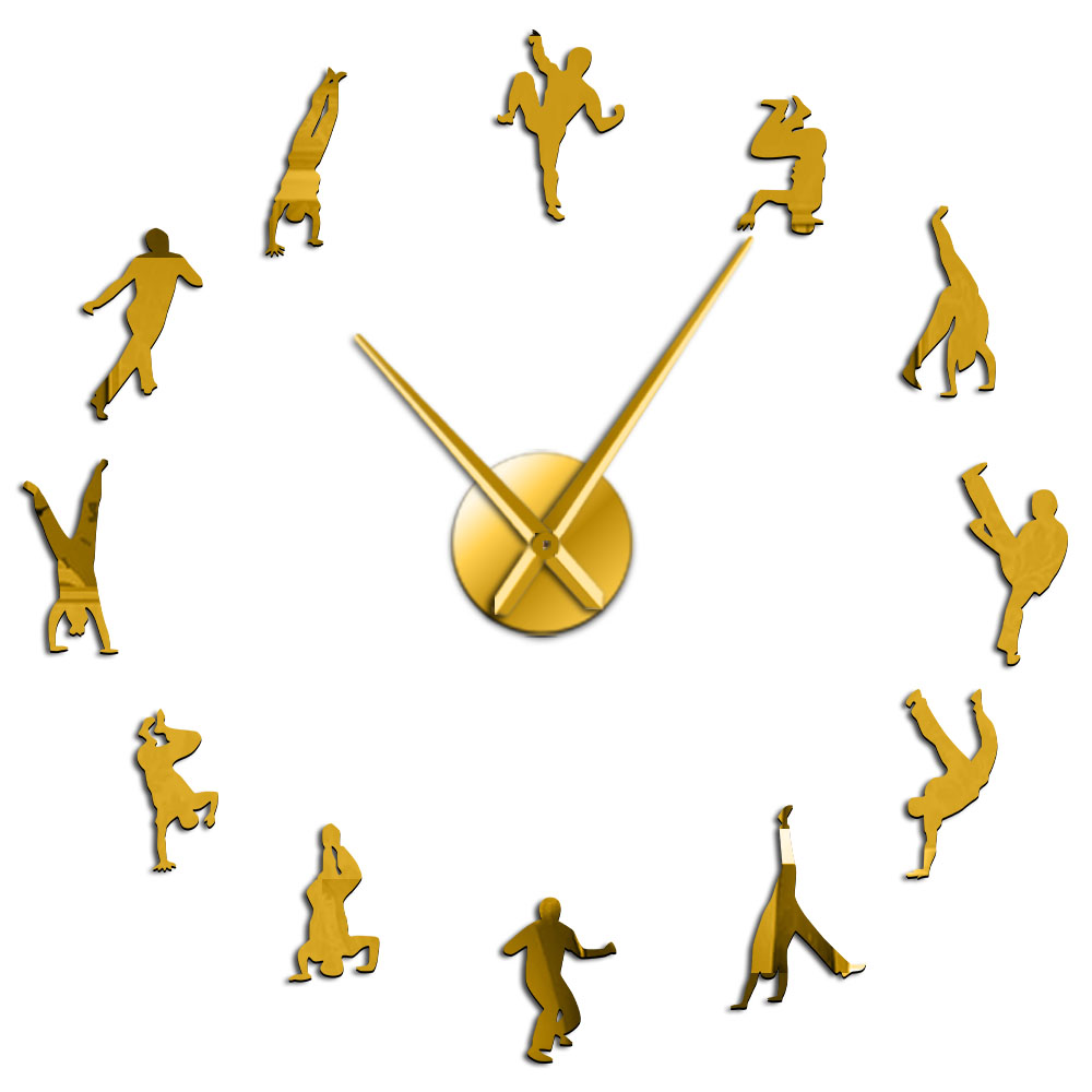 Capoeira Art Large Diy Wall Clock Brazilian Martial Art Capoeiristas Silhouettes Mirror Surface Clock Watch Sport Home Decor: Gold Wall Clock / 47inch