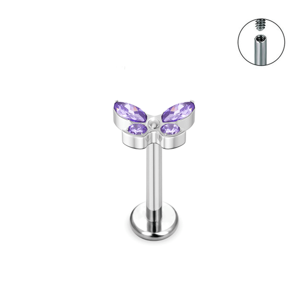 G23 joyería de titanio oreja Stud mariposa CZ piedras labio nariz Piercing pendiente cartílago de la oreja Tragus anillos para mujeres Daith: Morado / Bañado en rodio de imitación