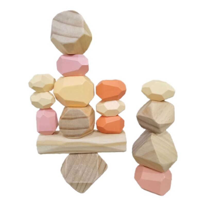 16 Pcs Children Wooden Colored Stone Stacking Game Building Block Kids Toys P31B