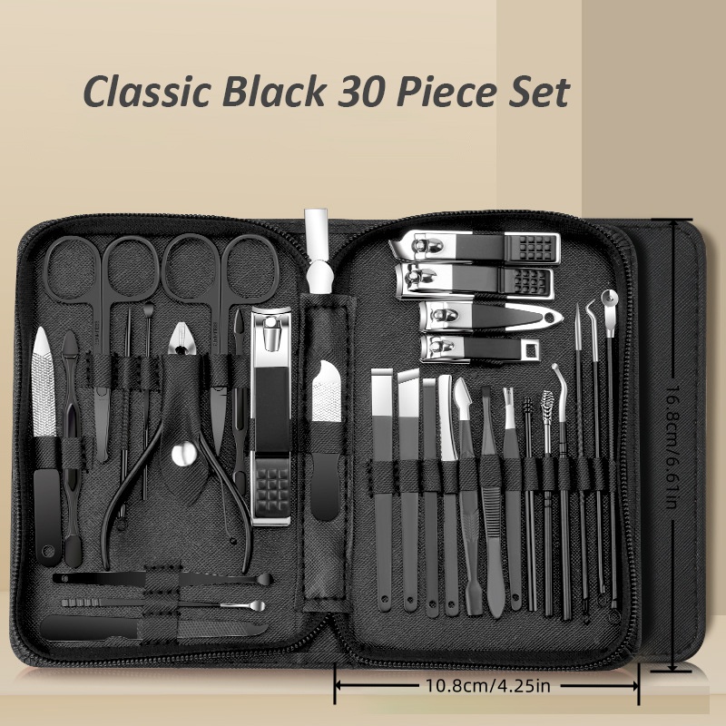 Juego de cortaúñas de acero inoxidable, herramientas para uñas verdes, juego de manicura y pedicura, Kit de aseo de viaje, 30 Uds.: Negro