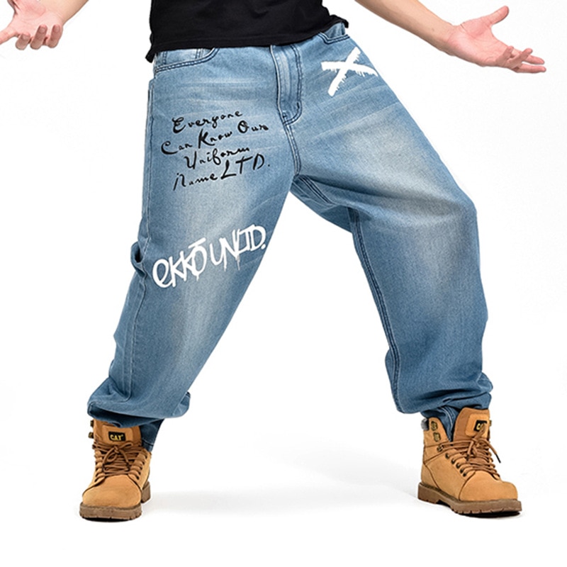 Cholyl baggy jeans mænd denim bukser løse streetwear jeans hip hop casual print skateboard bukser til mænd plus size bukser blå