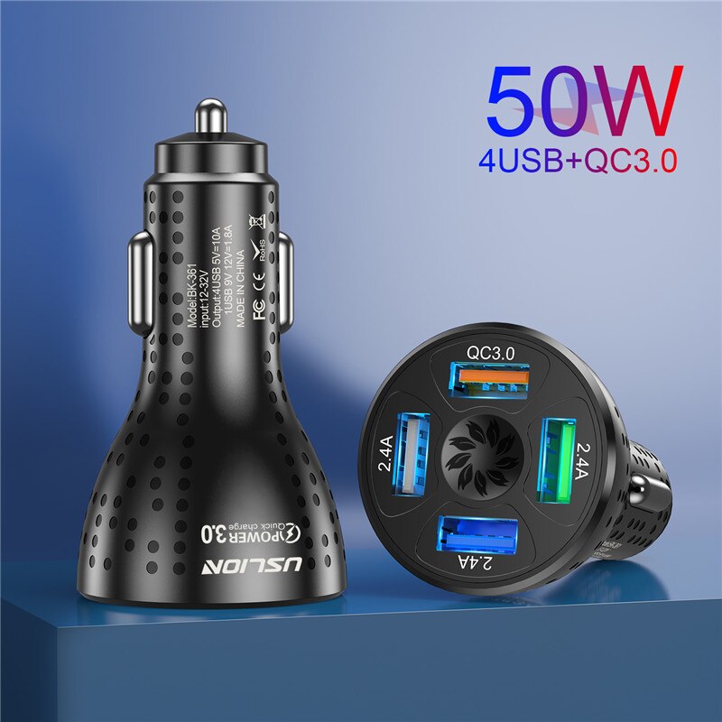 USLION 50W 4 porty ładowarka samochodowa USB QC4.0 QC3.0 Mini szybkie ładowanie dla iPhone 13 11 Xiaomi Huawei ładowarka do telefonu Adapter W samochodzie: 4 Ports Black