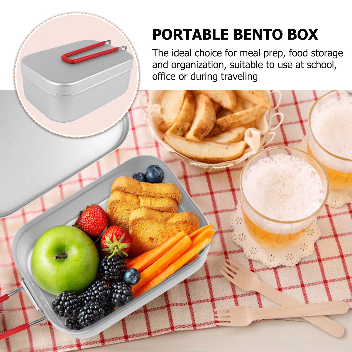 Aluminum Lunch Box With Red Folding Handle Portable Bento Box Mini Food Container for School Office Camping