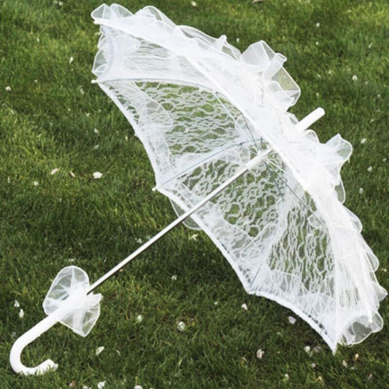 ! 1 stk bryllup brude paraply western romantisk manuel åbning fleur parasol flæser indretning blonde paraply 56cm: Hvid