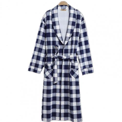 Casual Men Soft Color Block Pockets Long Sleeve Bath Robe Home Gown Sleepwear: Blue white Plaid / XXL