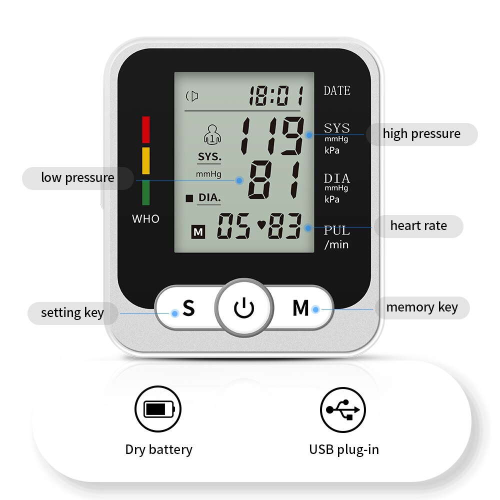 OLIECO Handgelenk Blutdruck Monitor Reise Möglich Tonometer USB Kabel Stecker-in Englisch Stimme Herzrhythmusstörungen Warnung Trocken Batterie