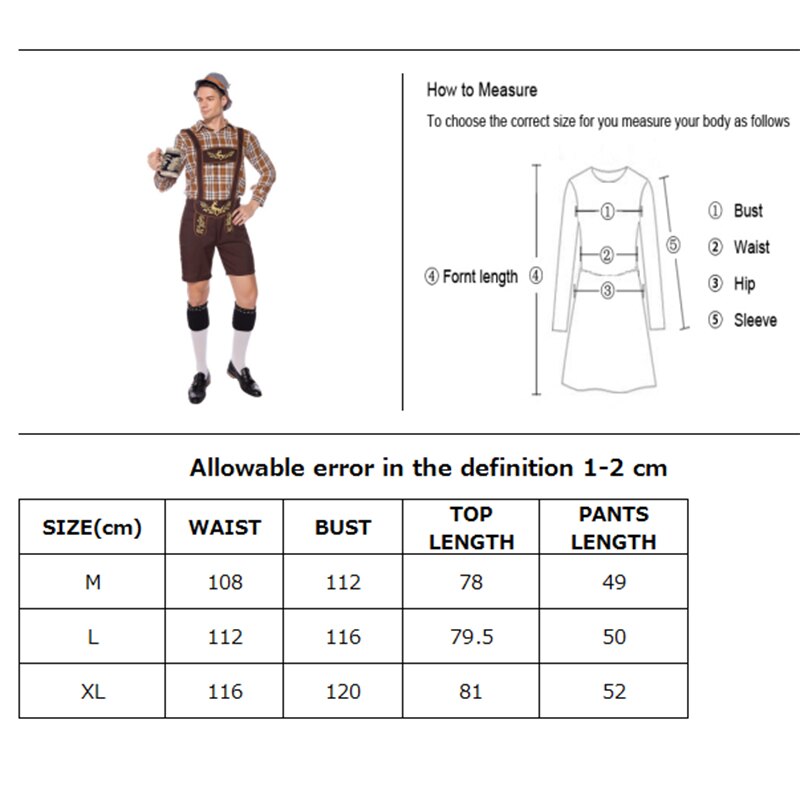 Men Oktoberfest Costume Germany National Plaid Shirt Lederhosen Outfit Cosplay Carnival Halloween Fancy Party Dress