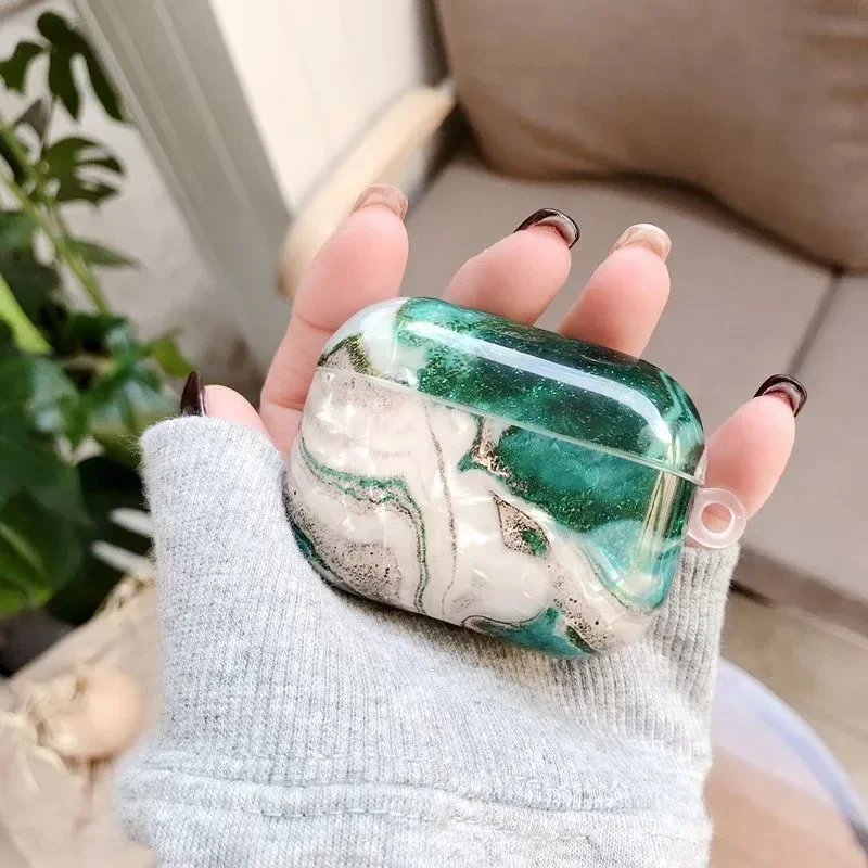 Para Apple AirPods 4 2 3 Pro funda de lujo verde Esmeralda mármol brillante funda para auriculares para AirPods 4 funda lindo corazón perla llavero: 2XS / Olive