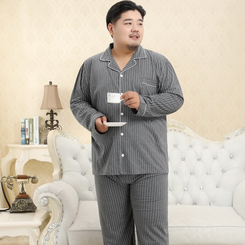 men&#39;s autumn and winter 100% cotton 5XL vertical pajamas set large soft lapel home service suit