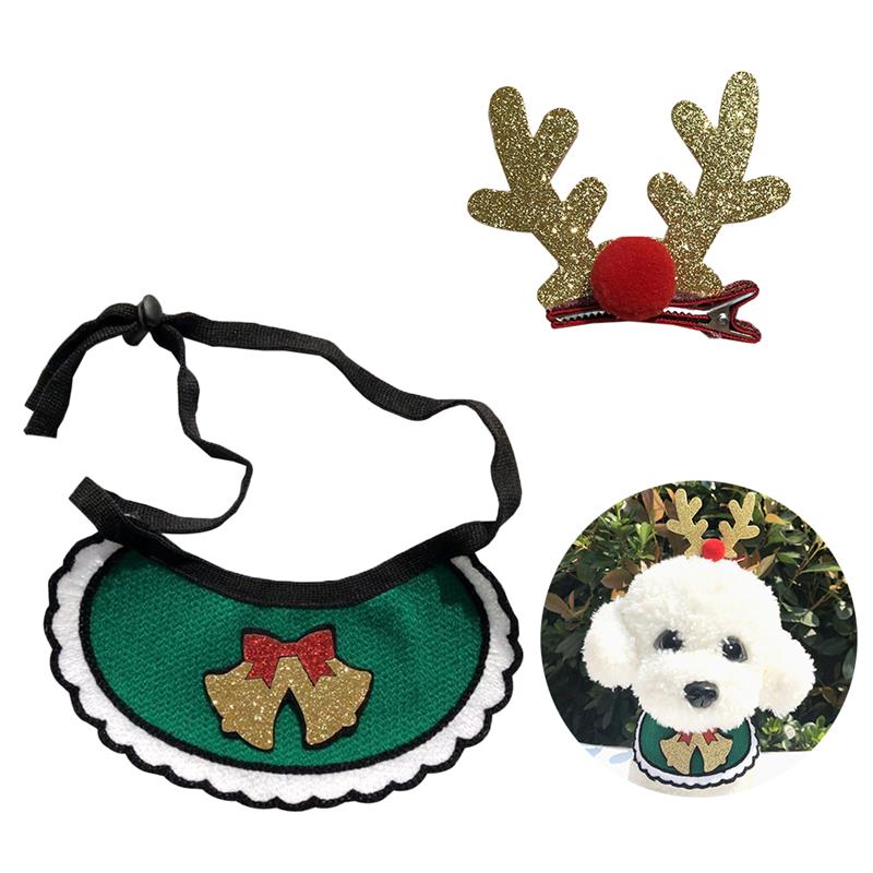 2Pcs/1Set Kerst Pet Bandana Leuke Hond Bandana Bib Huisdier Bib Puppy Halsdoek Met Hond Haar clip Huisdier Accesoires: Green Bells