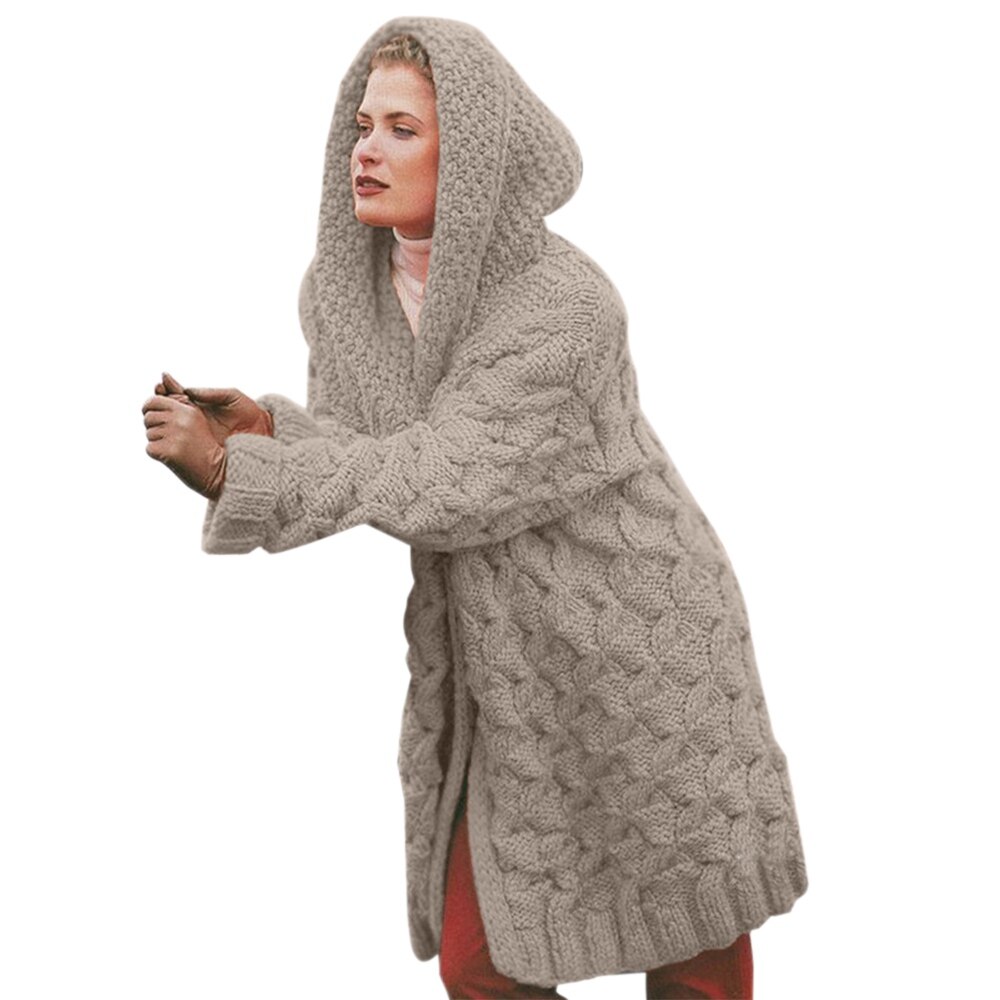 Dam luva lång kofta stickad vintertröja kvinnlig dam tröja ficka kofta kappa plus storlek s -3xl: Khaki grå / L