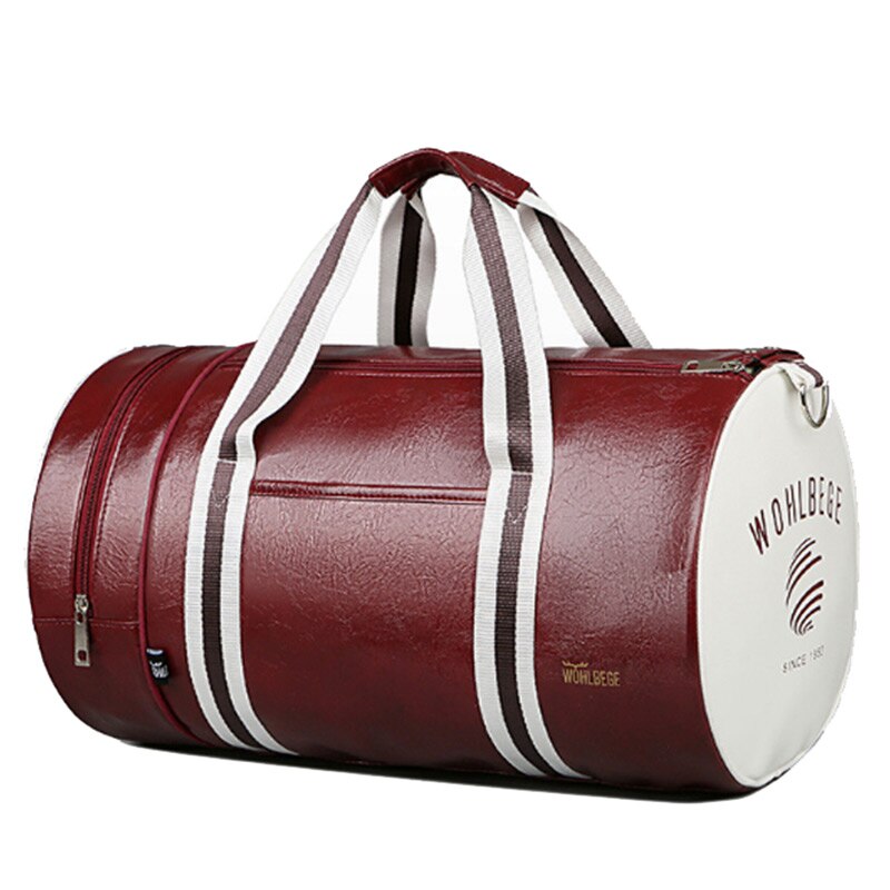 Sac De sport en cuir d'unité centrale Fitness Patchwork formation Sac à main d'épaule sport rayé femmes hommes sacs De voyage Tas Sac De Sporttas XA329D: Wine Red White