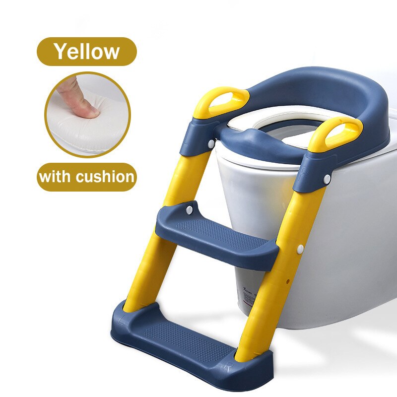 Escalera de inodoro plegable para niños, orinal de entrenamiento, asiento de bebé, orinal con taburete ajustable, cómoda y segura: Yellow with cushion