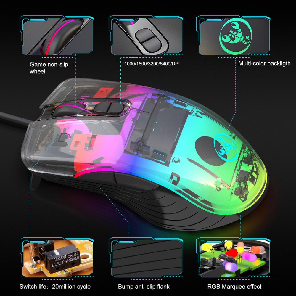 Ratón ergonómico con cable RGB para juegos, Mouse óptico USB para ordenador portátil, ajustable, 7 botones, 6400 DPI