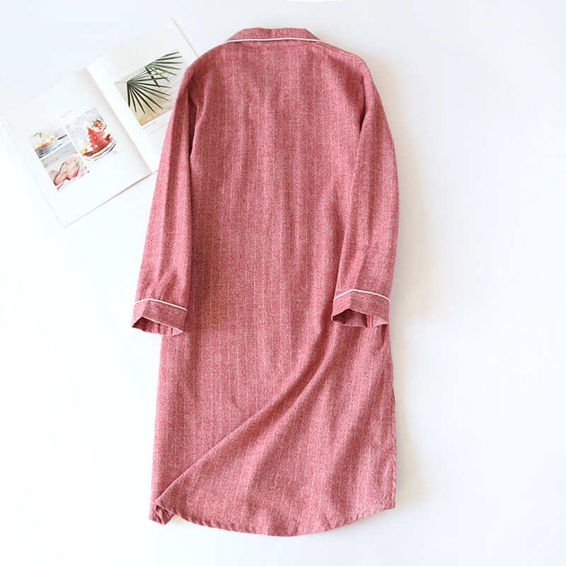Vrouwen Lange Mouwen Katoenen Nachtjapon Dunne Loszittende Mid-Lengte Rok Gestreepte Nachthemden Revers Sleepshirts Losse sleep Tops