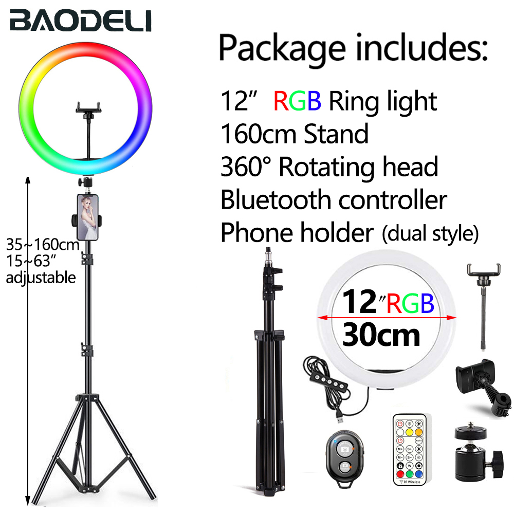 Anillo de luz Led para Selfie, lámpara de luz de relleno circular de 30cm, 12 pulgadas, con trípode y soporte para teléfono: 12in 160cm A