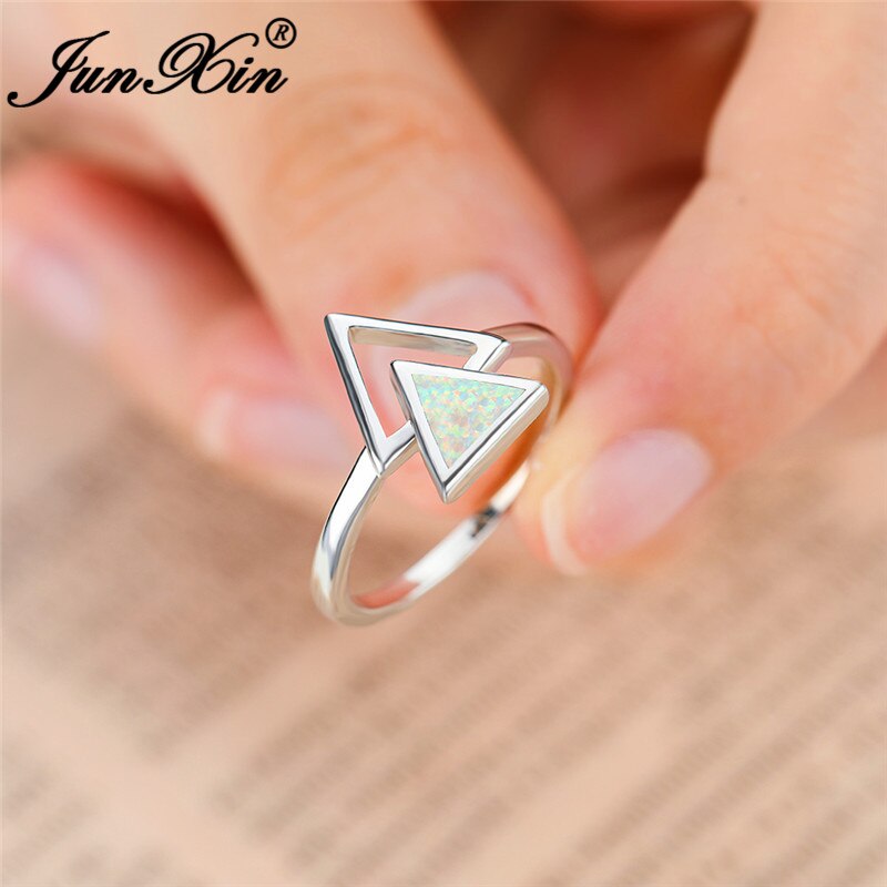 Geometrisk trekant blå hvid brand opal ringe til kvinder mænd sølvfarve simpelt bryllup band lover forlovelsesring smykker