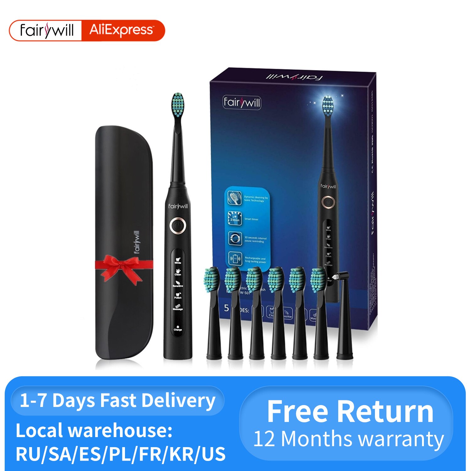 Fairywill-cepillo de dientes eléctrico sónico para adulto, recargable por USB, FW-507, resistente al agua, cabezales de repuesto