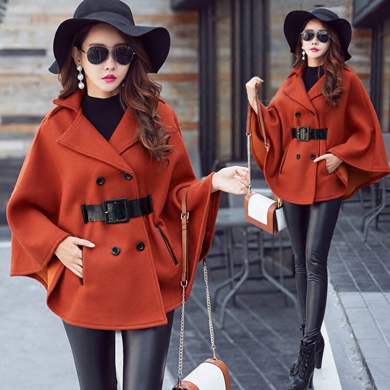 Fall Winter Woolen Shawl Cape Poncho Coat With belt Women Korean Long Sleeve Plus Size Ladies Woolen Cape Coats