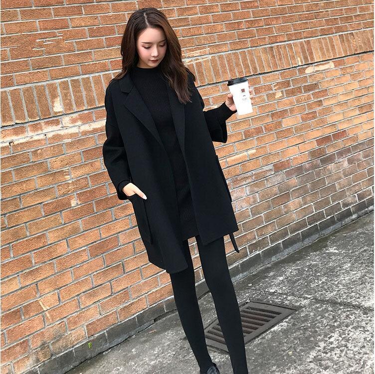 Efterår sort d-side cashmere frakke kvinder kort uldfrakke vinter dame outwear afslappet uldfrakke
