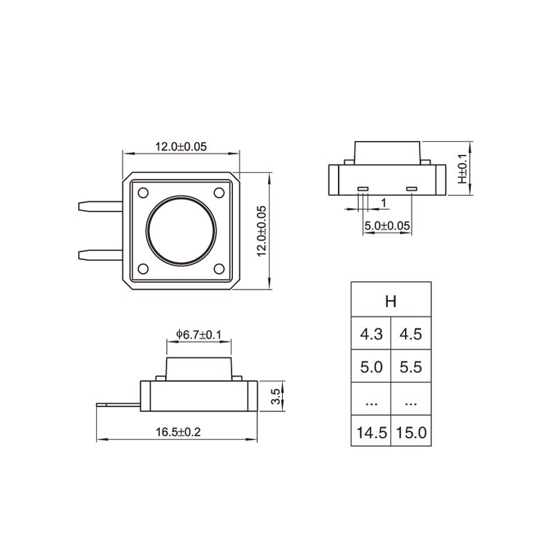 Interrupteur tactile shippingTS-F003 libre 12x12x15.0, prise latérale à deux pieds, bouton d'ascenseur 12x12x15, accessoires faits à la main