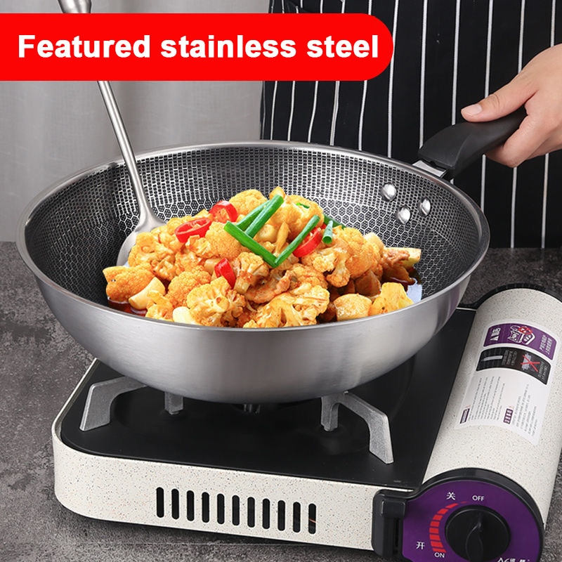 Stainless Steel Wok Non-stick Pan Without Oil Smoke Uncoated Household Wok Pan Induction Pot Kitchen Pot Frying Pan Cooking Pot