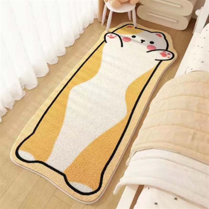 Cute Cat Faux Cashmere Bedside Carpet Cartoon Soft Anti-Slip Foot Rug for Bedroom Water Absorbing Wear-Resistant Home Floor Mat