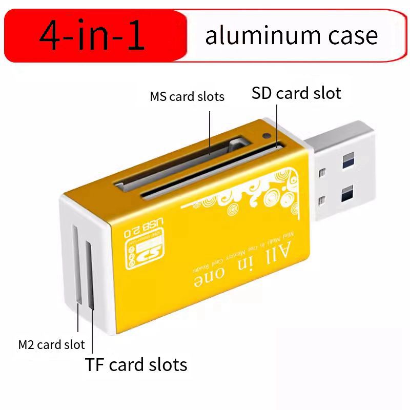 Lector de tarjetas de memoria 4 en 1 TF Micro M2 SD MS, adaptador USB 2,0 MMC de alta velocidad para ordenador portátil, Pc de escritorio, altavoz para vehículo: Oro