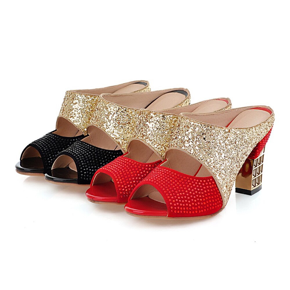 Meotina damesko sommertøffel glitter pigg høye hæler sko sexy krystall peep toe slides dame sandaler rød stor størrelse 34-43