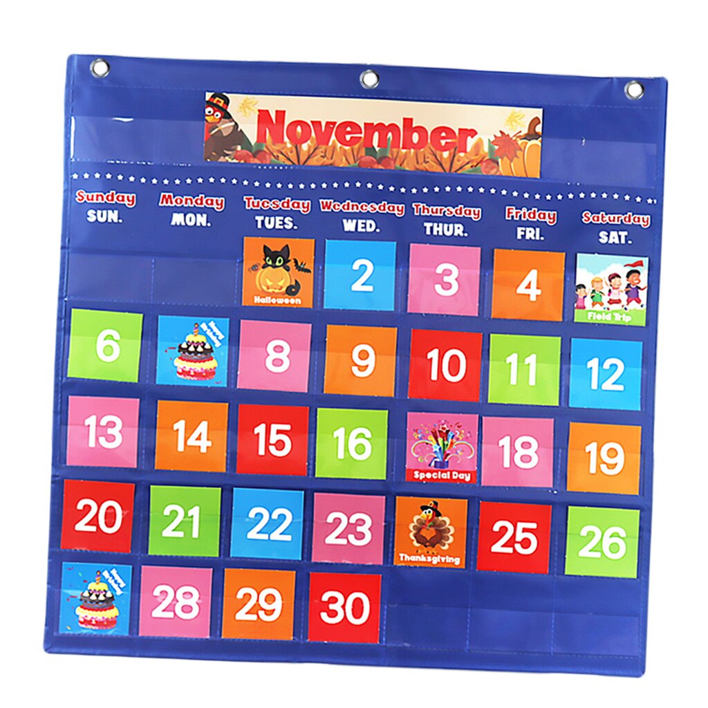 Learning Calendar Pocket Chart Illustrated Cards Day Week Monthly Chart Wall Hanging for Kids Educational Classroom Supplies