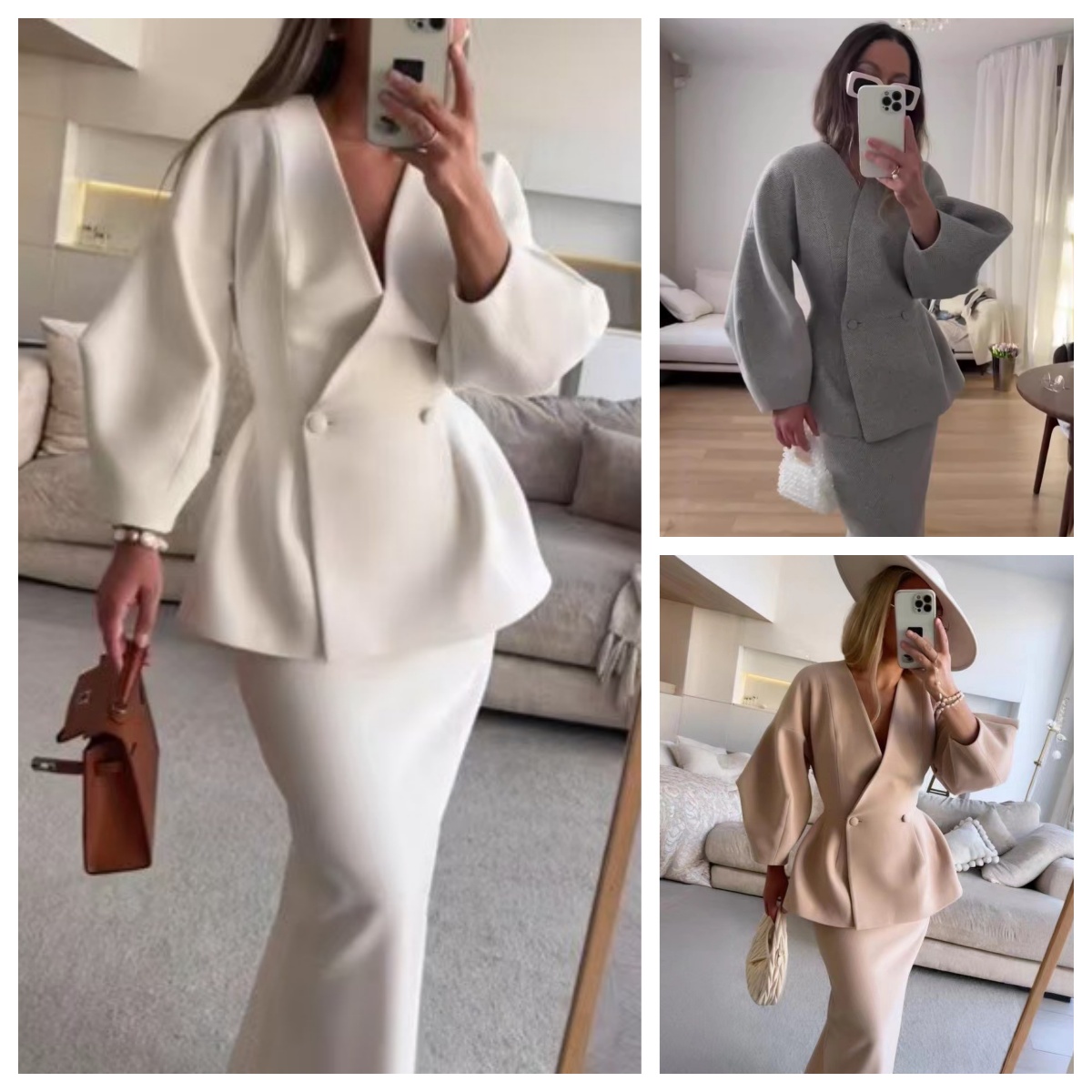 Elegante blazer jas rok set dames slanke v-hals lange lantaarn mouw jas top midi rokken past 2-delig kantoor chique outfits