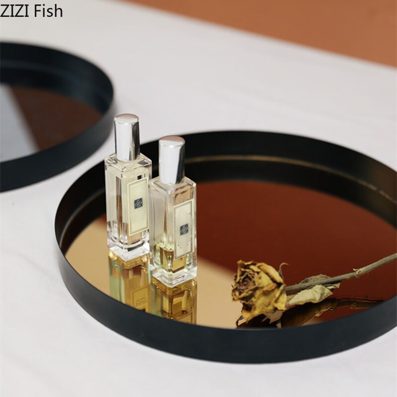 Black Mirror Glass Tray Metal Trays Decorative Storage Plate Dressing Table Jewelry Necklace Display Plate Cosmetics Organizer