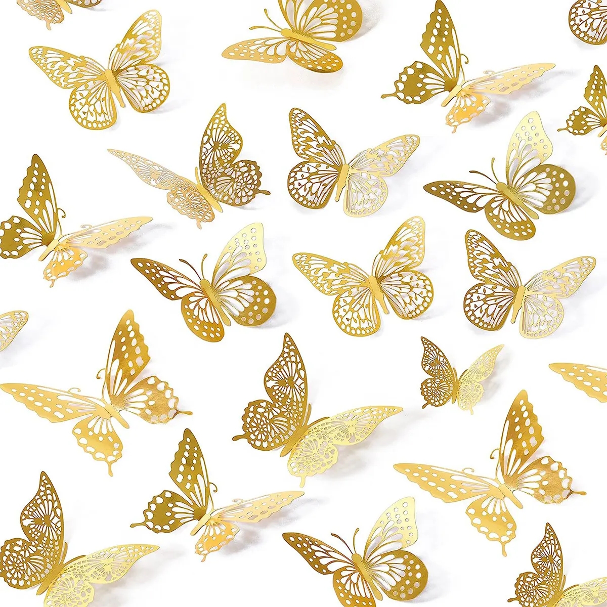 48 piezas de decoración de pared de mariposa 3D, 4 estilos, 3 tamaños, decoraciones de mariposas doradas para decoraciones de habitación de pastel de de cumpleaños de mariposa: Oro