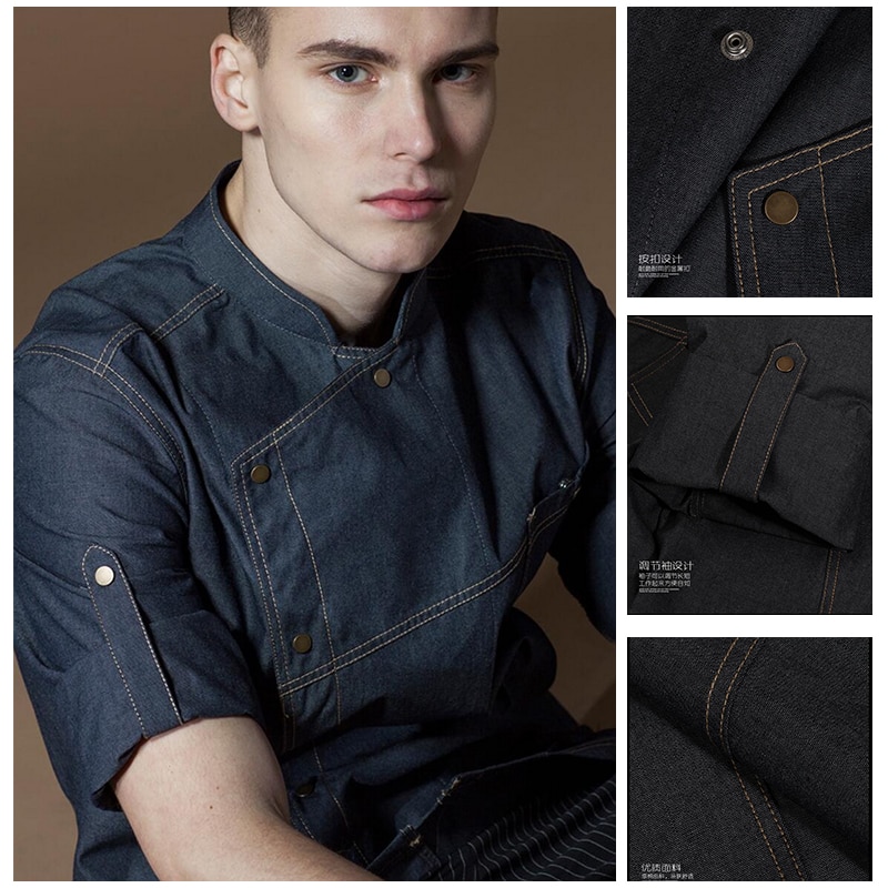 Chaqueta vaquera de manga larga para hombre con mangas ajustables, , para restaurantes, cocina,