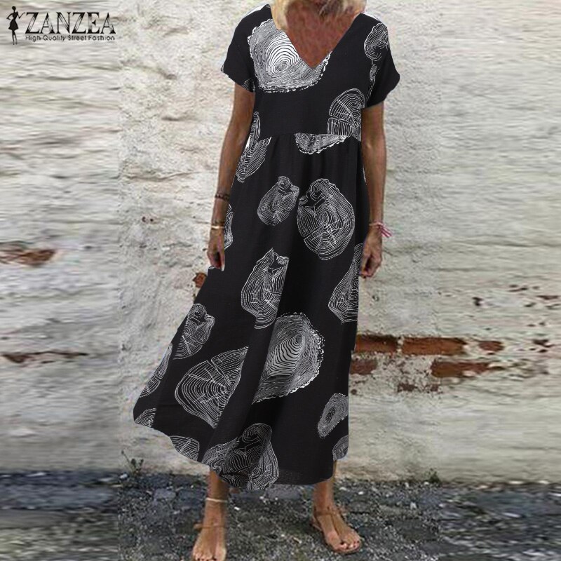 De las mujeres vestido de tirantes de verano estampado Retro vestido Maxi ZANZEA pantalón corto Casual manga Vestisdos mujer cuello en V bata de 5XL